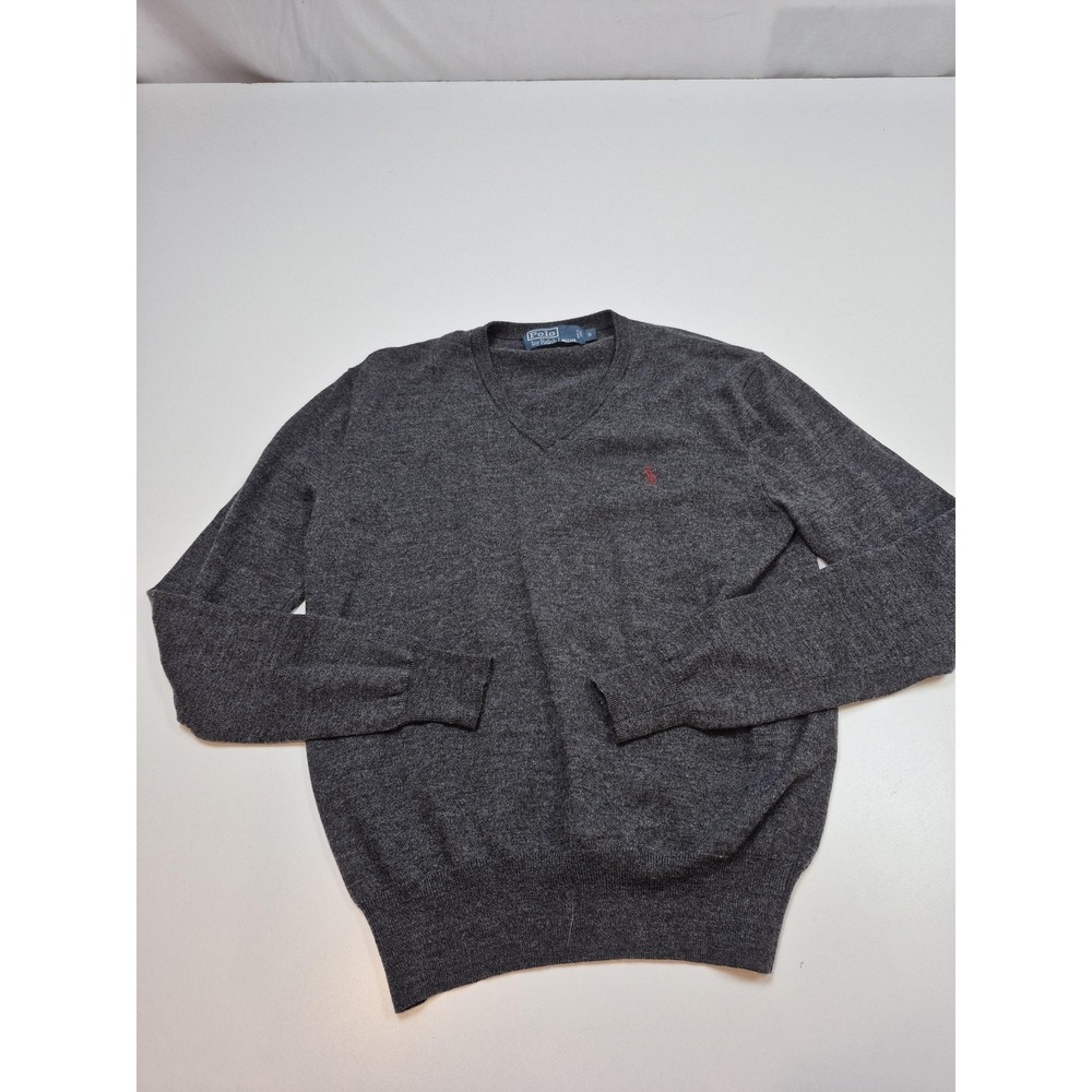 Polo Ralph Lauren Sweater Men's Small Gray Merino Wool V Neck Knit Pullover